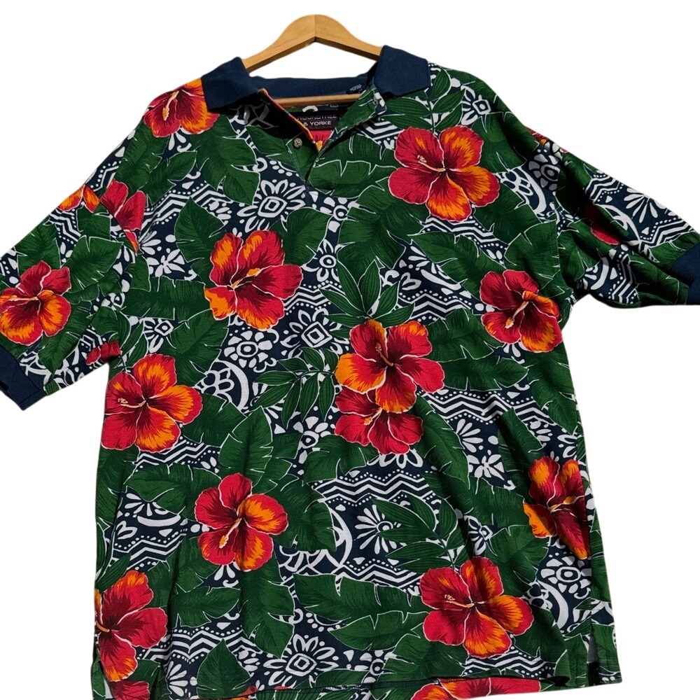 Roundtree & Yorke Mens XL Tropical Hibiscus Floral Pique Polo Shirt Green Red